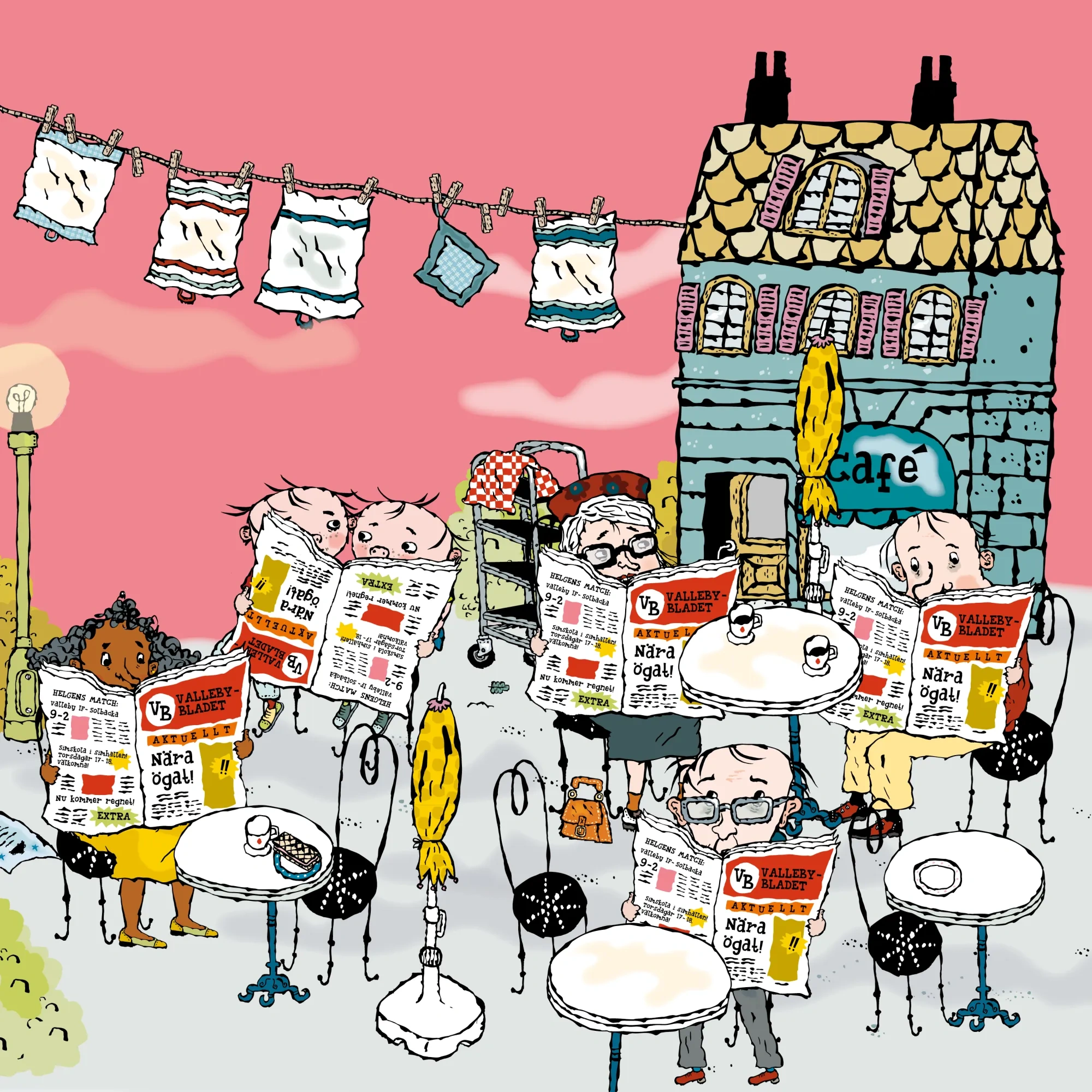 Invånare i Valleby läser tidnignen utanför caféet